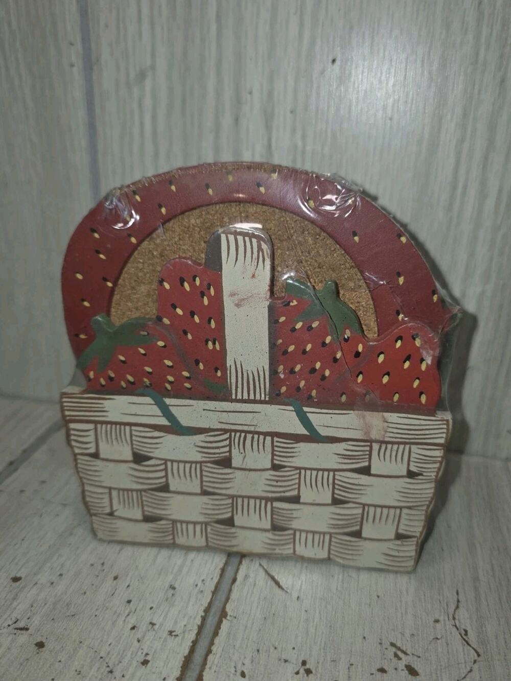 Vintage Strawberry Coaster Set Cork With Basket Shaped Holder Cottage Grandma